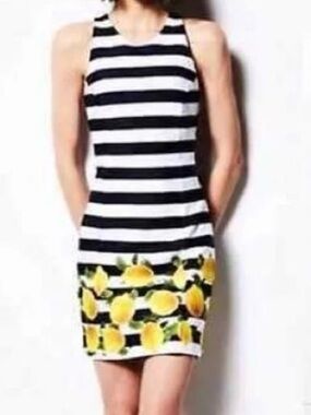 Milly Striped Lemon Print Shift Dress - Black, White & Yellow size 10